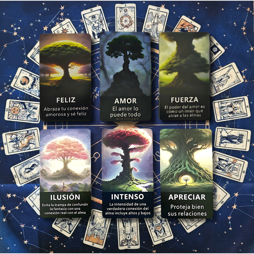 Tarot Oráculo del árbol espiritual Español + Guia dijital + Pulsera 7 nudos + Mantel tarot 50x50cm.