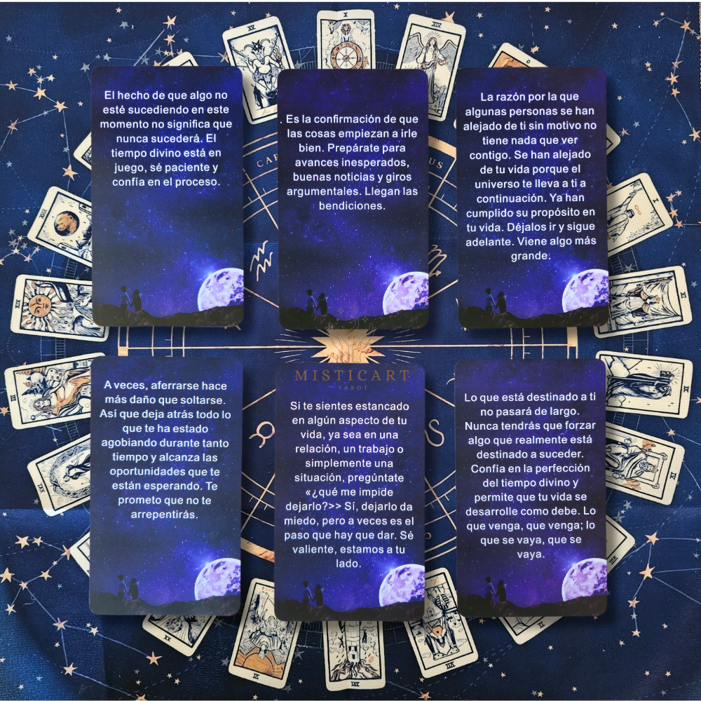 Cartas del Tarot mensajes del universo Español + Guia dijital + Pulsera 7 nudos + Mantel tarot 50x50cm.