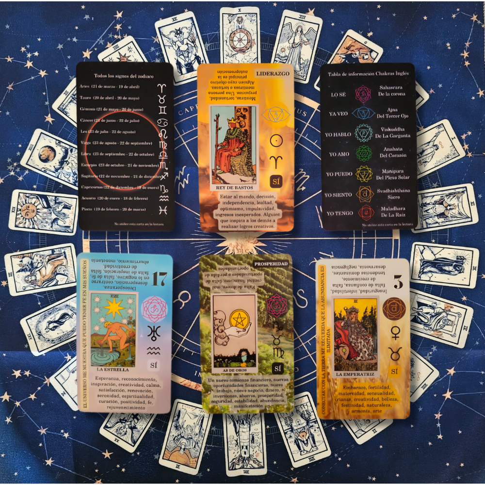 Cartas del Tarot principiantes significados Español + Guia dijital + Pulsera 7 nudos + Mantel tarot 50x50cm.