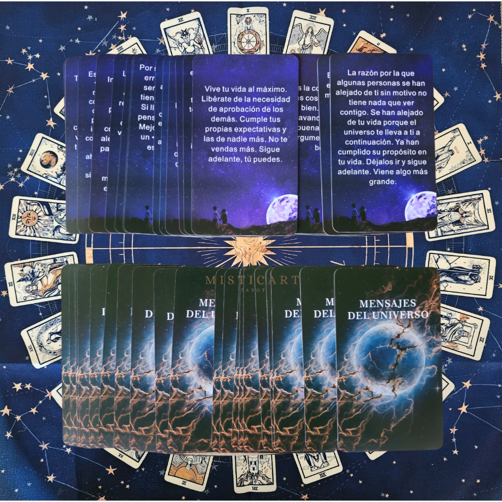 Cartas del Tarot mensajes del universo Español + Guia dijital + Pulsera 7 nudos + Mantel tarot 50x50cm.