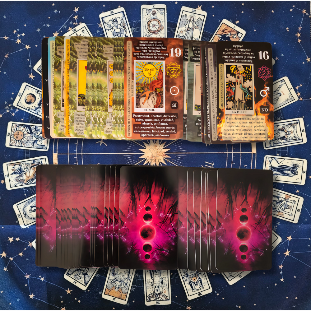 Cartas del Tarot principiantes significados Español + Guia dijital + Pulsera 7 nudos + Mantel tarot 50x50cm.