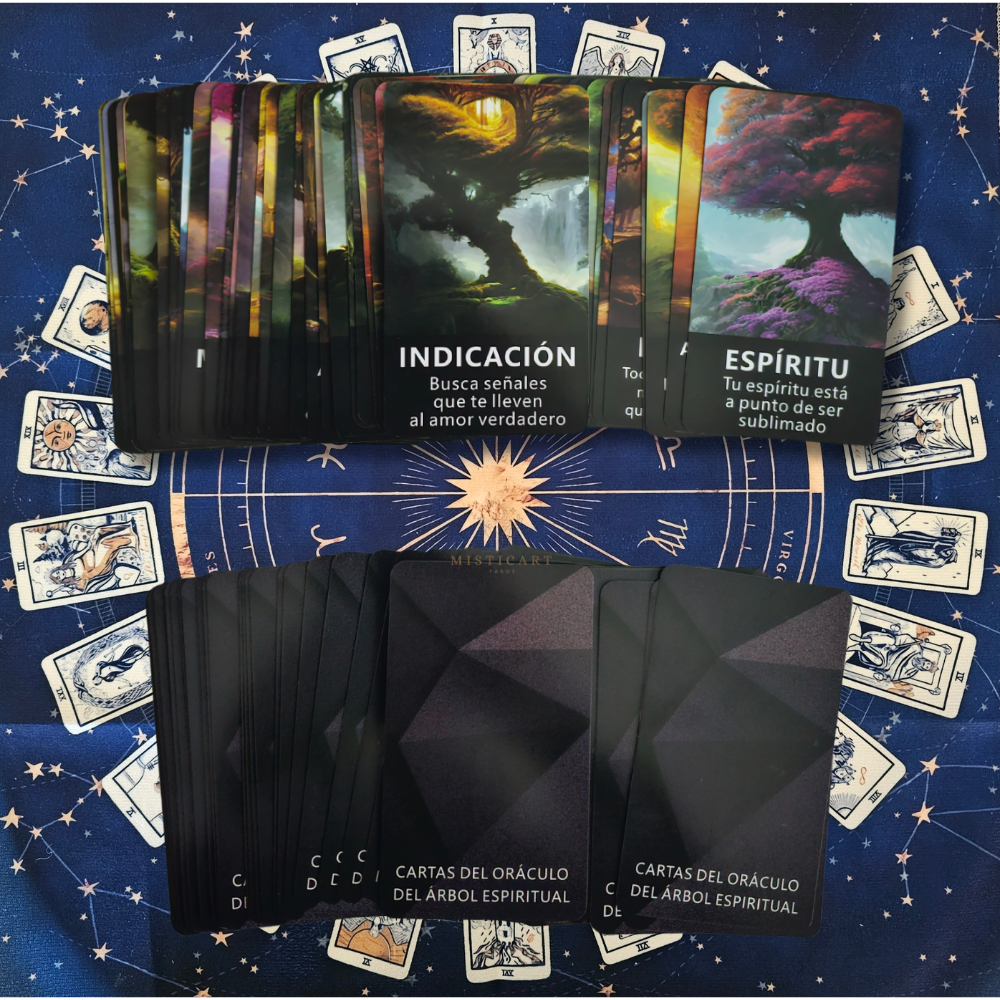 Tarot Oráculo del árbol espiritual Español + Guia dijital + Pulsera 7 nudos + Mantel tarot 50x50cm.