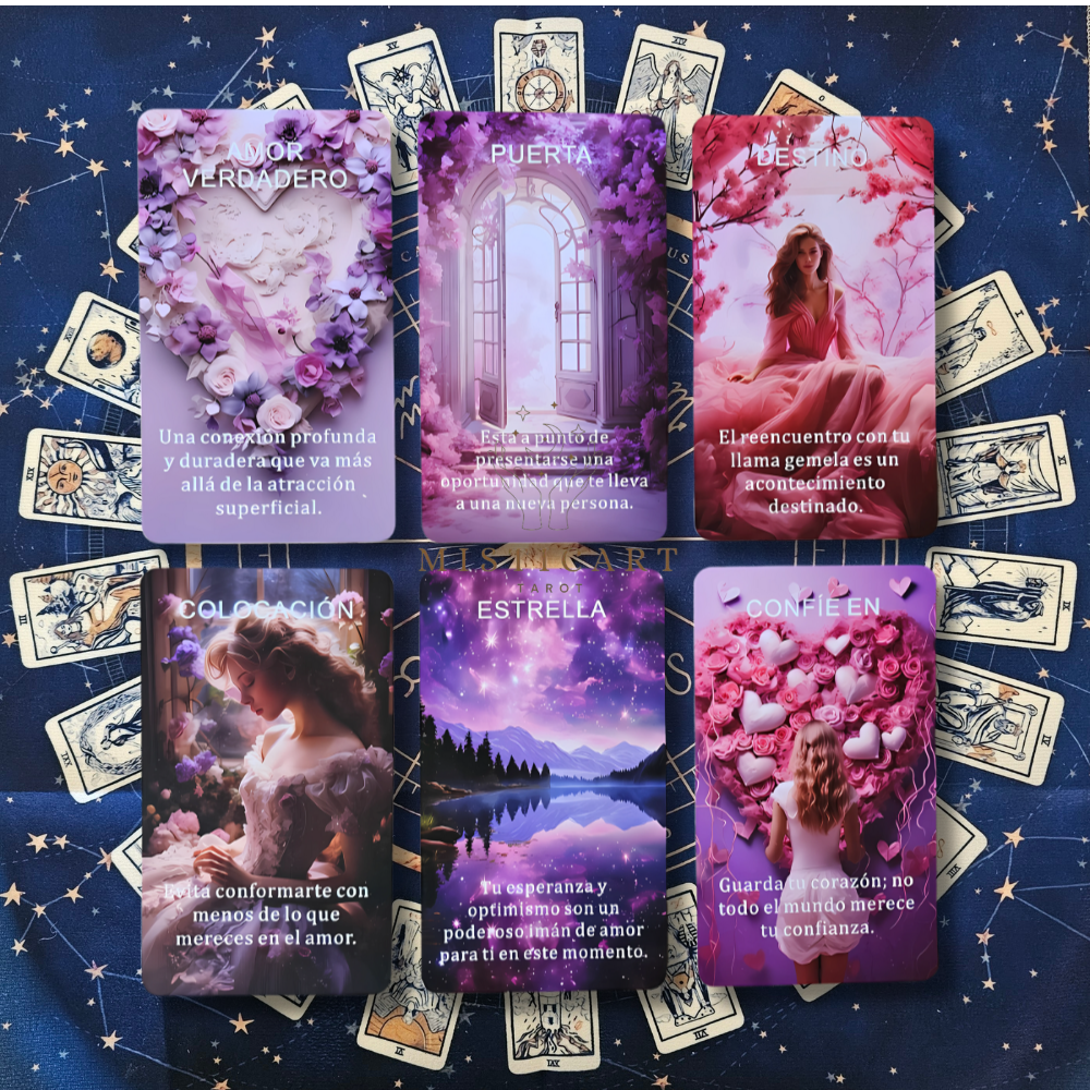 Tarot Oráculo Romántica y Amorosa Español + Guia dijital + Pulsera 7 nudos + Mantel tarot 50x50cm.