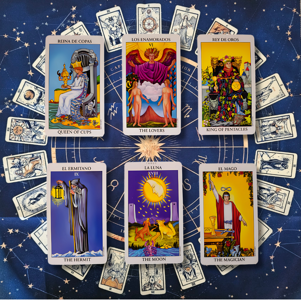 Cartas del Tarot Rider Español + instrucciones + Guia dijital + Pulsera 7 nudos + Mantel Tarot 50x50cm.
