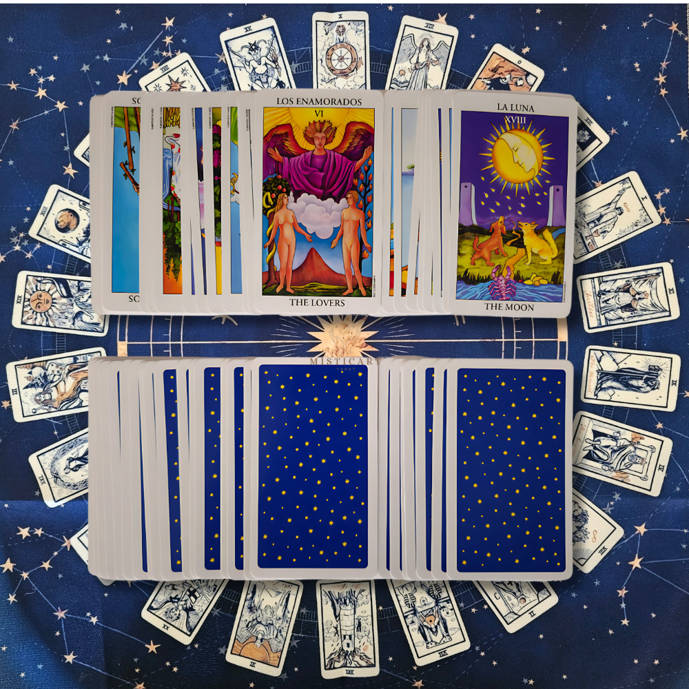 Cartas del Tarot Rider Español + instrucciones + Guia dijital + Pulsera 7 nudos + Mantel Tarot 50x50cm.
