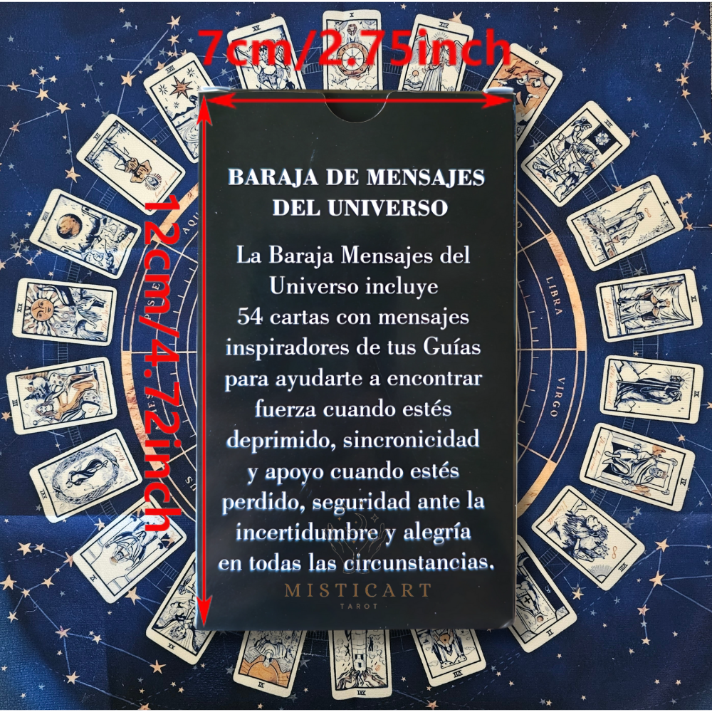 Cartas del Tarot mensajes del universo Español + Guia dijital + Pulsera 7 nudos + Mantel tarot 50x50cm.