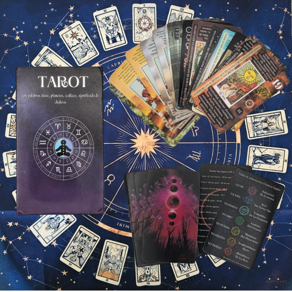 Cartas del Tarot principiantes significados Español + Guia dijital + Pulsera 7 nudos + Mantel tarot 50x50cm.