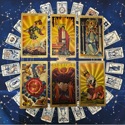 Tarot Rider Dorado Edición especial Español/Inglés + instrucciones + Guia dijital + Bolsa + Pulsera 7 nudos + Mantel tarot 50x50cm.