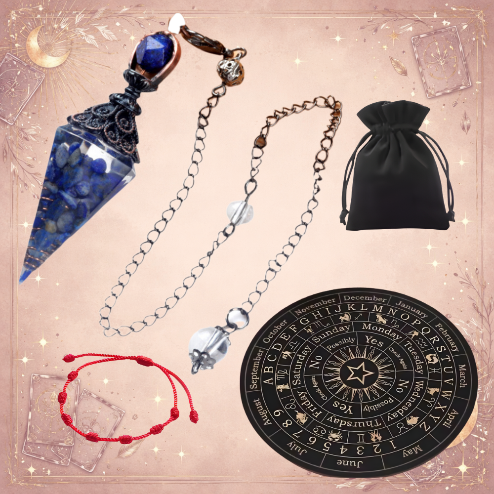 Kit Completo de Radiestesia: Tabla + Péndulo + Guías + Pulsera 7 Nudos