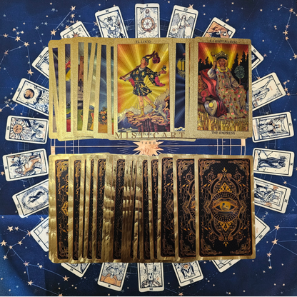 Tarot Rider Dorado Edición especial Español/Inglés + instrucciones + Guia dijital + Bolsa + Pulsera 7 nudos + Mantel tarot 50x50cm.