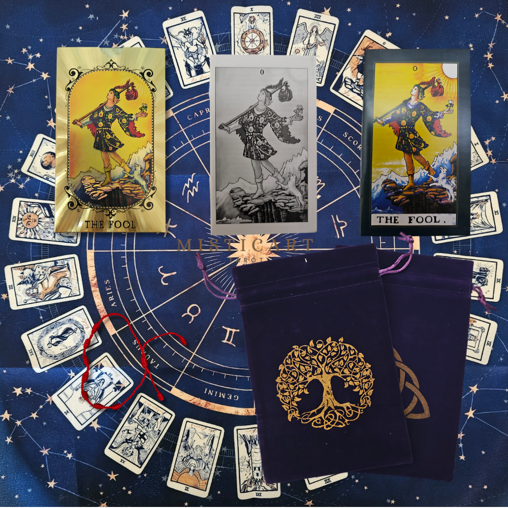 Tarot Rider Dorado Edición especial Español/Inglés + instrucciones + Guia dijital + Bolsa + Pulsera 7 nudos + Mantel tarot 50x50cm.