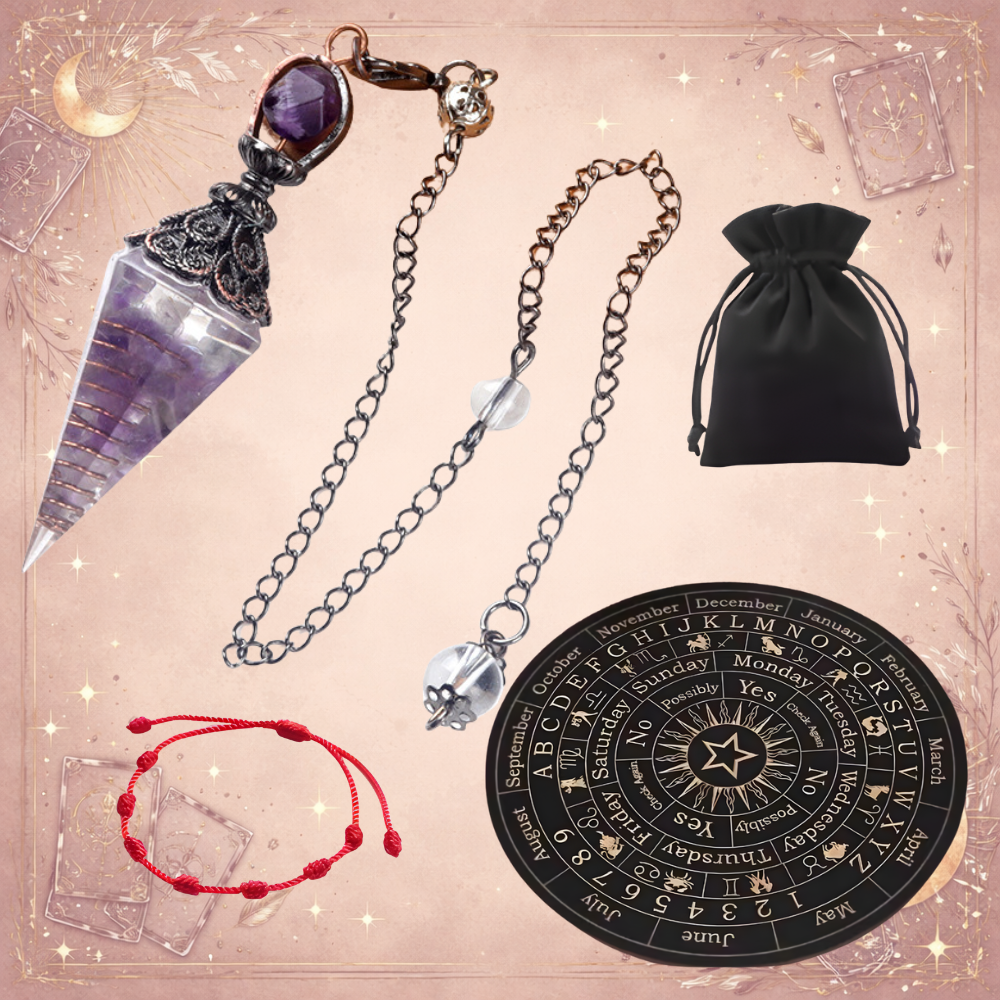 Kit Completo de Radiestesia: Tabla + Péndulo + Guías + Pulsera 7 Nudos