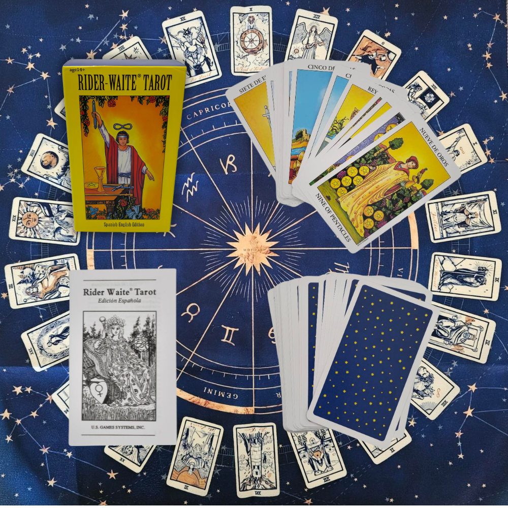 Cartas del Tarot Rider Español + instrucciones + Guia dijital + Pulsera 7 nudos + Mantel Tarot 50x50cm.
