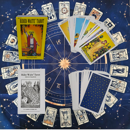 Cartas del Tarot Rider Español + instrucciones + Guia dijital + Pulsera 7 nudos + Mantel Tarot 50x50cm.