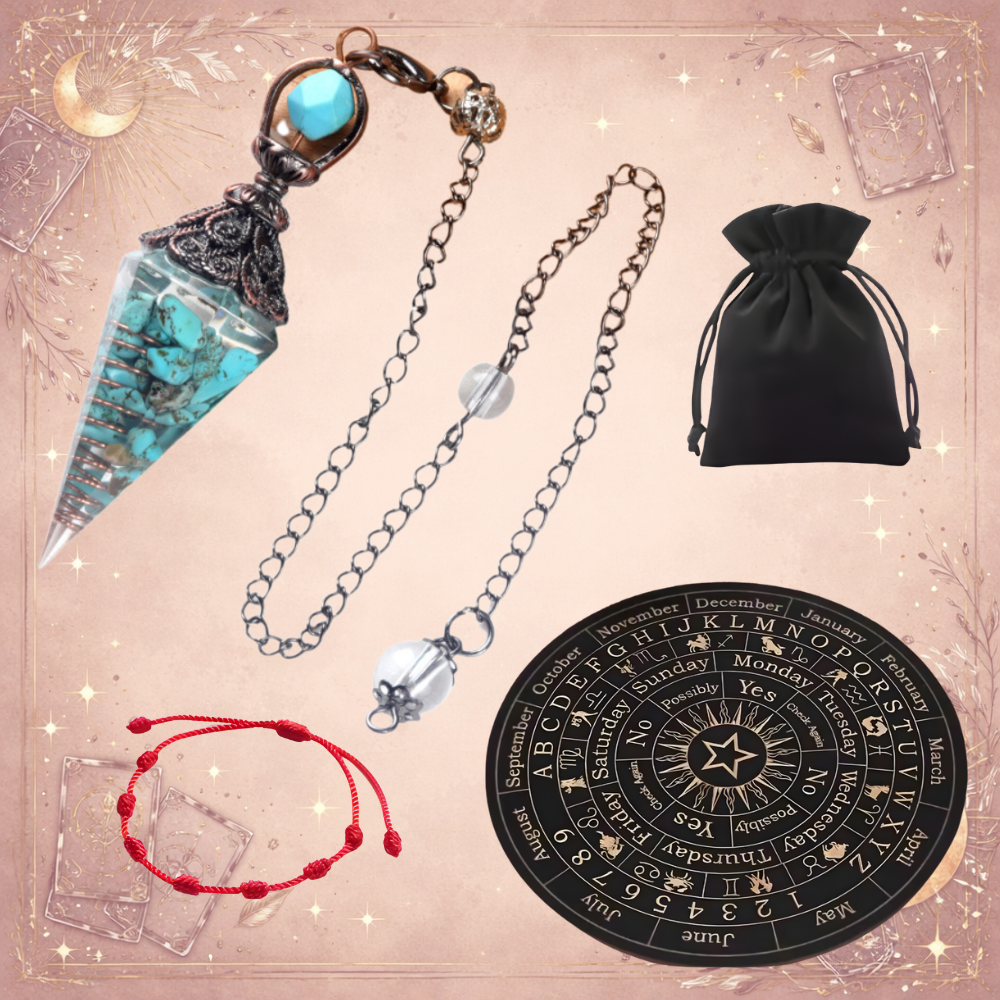 Kit Completo de Radiestesia: Tabla + Péndulo + Guías + Pulsera 7 Nudos