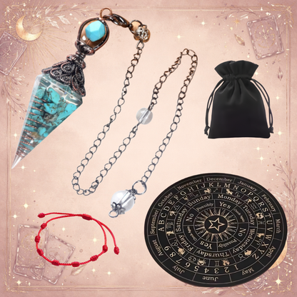 Kit Completo de Radiestesia: Tabla + Péndulo + Guías + Pulsera 7 Nudos