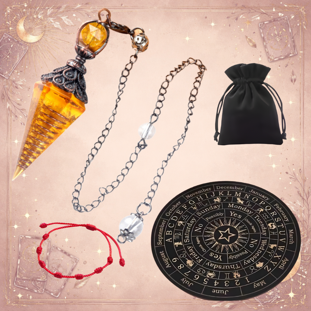 Kit Completo de Radiestesia: Tabla + Péndulo + Guías + Pulsera 7 Nudos