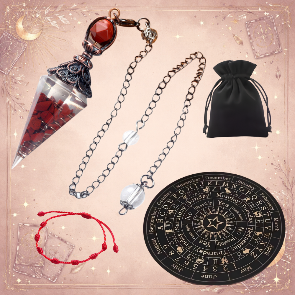 Kit Completo de Radiestesia: Tabla + Péndulo + Guías + Pulsera 7 Nudos