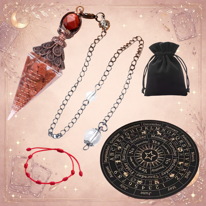 Kit Completo de Radiestesia: Tabla + Péndulo + Guías + Pulsera 7 Nudos