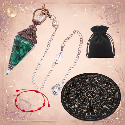 Kit Completo de Radiestesia: Tabla + Péndulo + Guías + Pulsera 7 Nudos