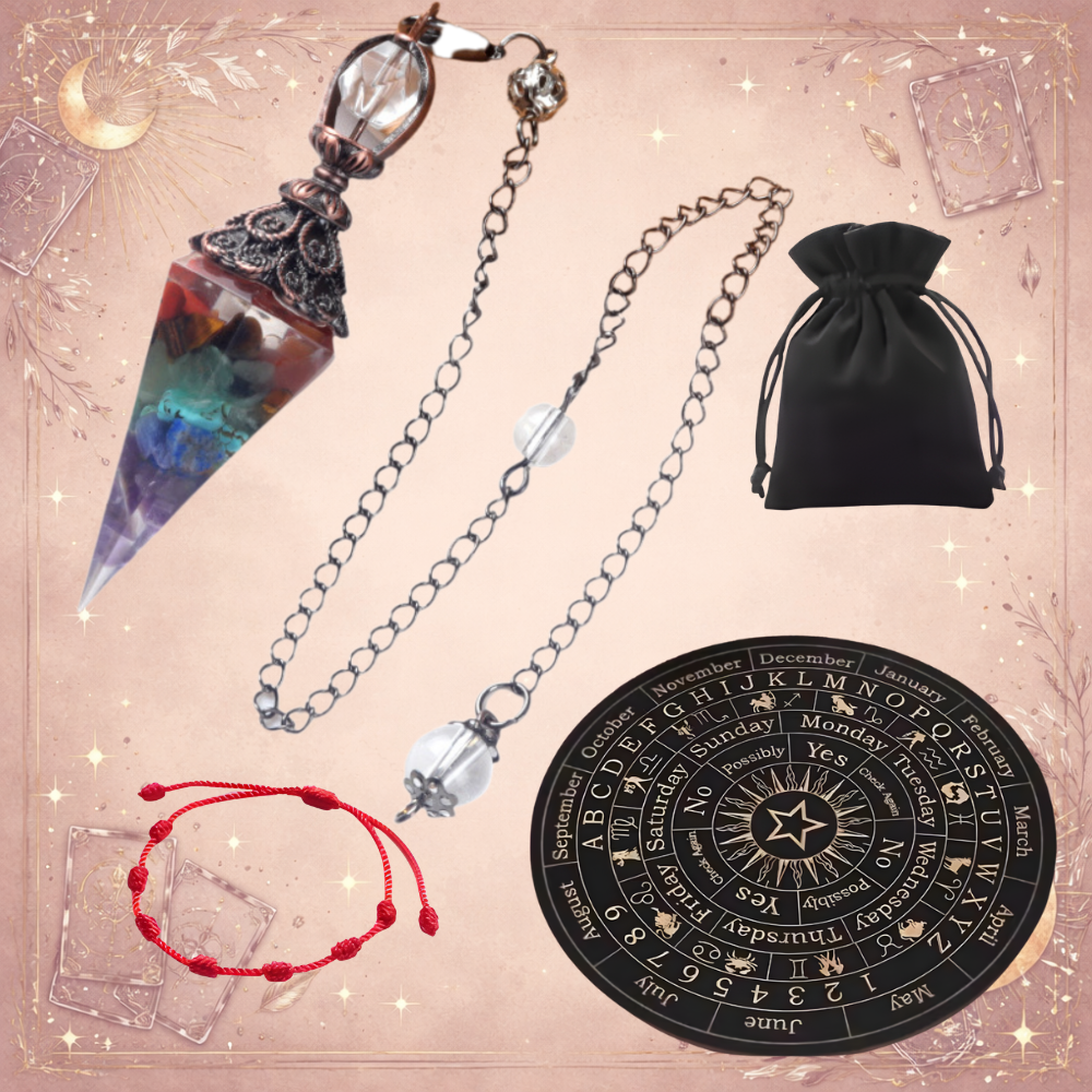 Kit Completo de Radiestesia: Tabla + Péndulo + Guías + Pulsera 7 Nudos