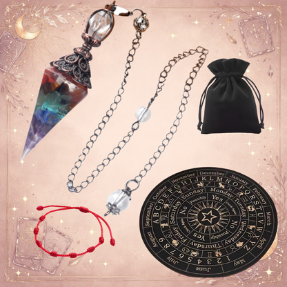 Kit Completo de Radiestesia: Tabla + Péndulo + Guías + Pulsera 7 Nudos